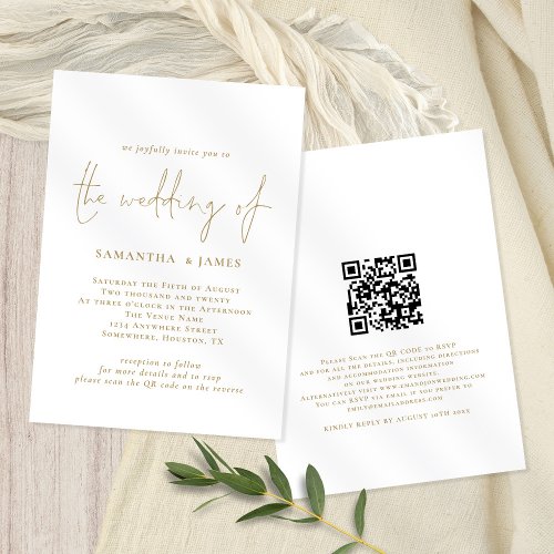 Modern QR Code Gold White Wedding Invitation