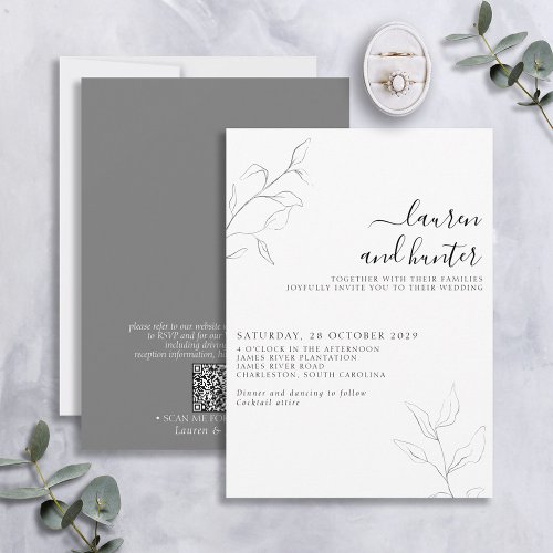 Modern QR Code Gray White Script Botanical Wedding Invitation
