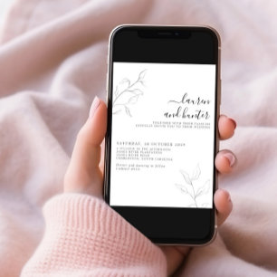 Modern QR Code Gray White Script Botanical Wedding Invitation