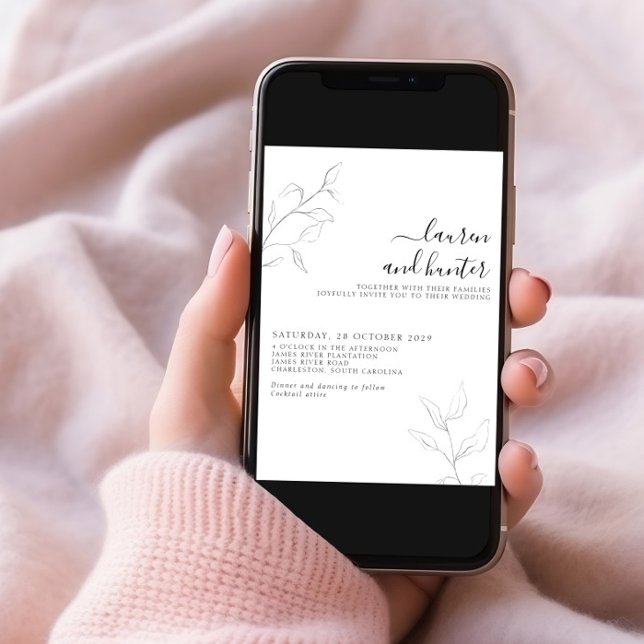 Modern QR Code Gray White Script Botanical Wedding Invitation (Creator Uploaded)