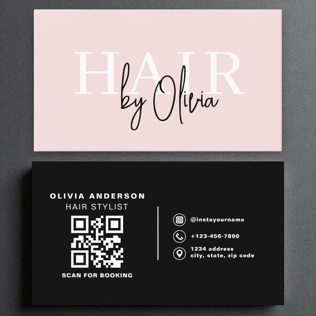 Modern QR Code Hair Stylist Blush Pink Typography  Business Card (Creator Uploaded)