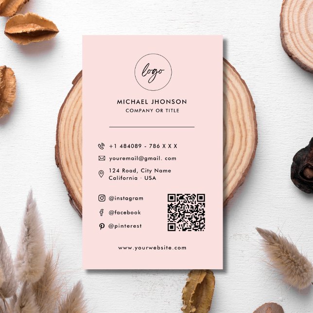 Modern Qr Code Logo Social Media Icons Pink Business Card (Creator Uploaded)