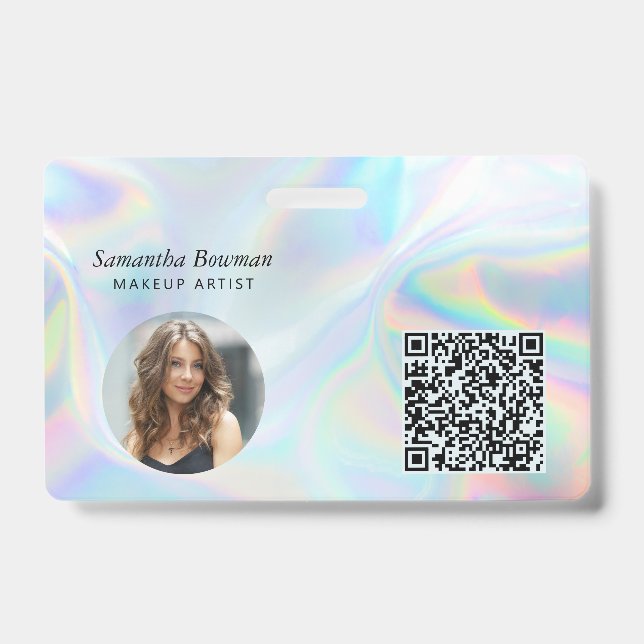 Modern QR Code Makeup Artist Employee Holographic Badge (Front)