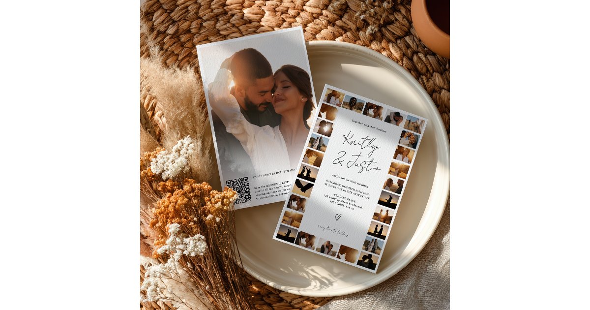 Grid Invitation Modern Qr code Minimal 29 Photo Grid Wedding Invitation | Zazzle
