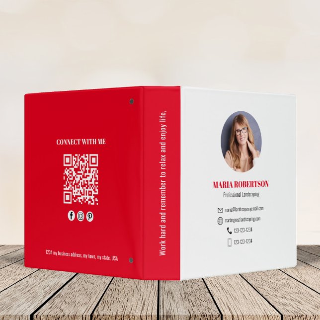 Modern QR Code Minimalist Red Business 3 Ring Binder (Business QR code binder with a red and white color theme. )
