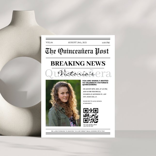 modern qr code Newspaper Quinceañera Invitation (Creator Uploaded)