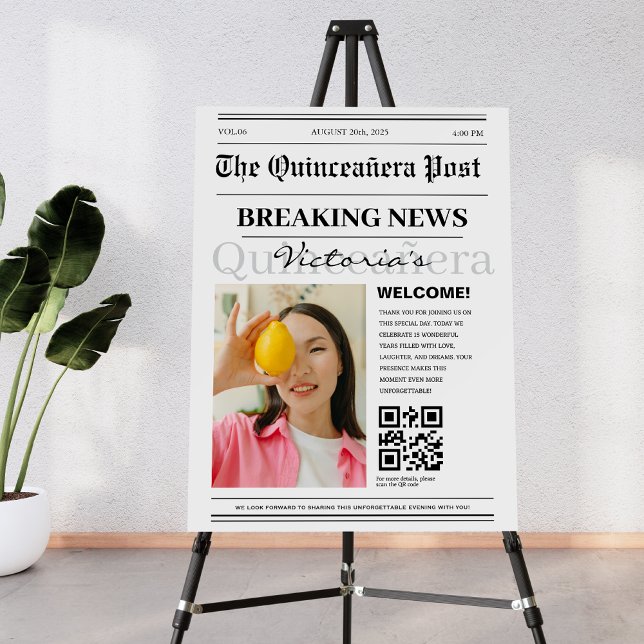 modern qr code Newspaper Quinceañera welcome Foam Board (Creator Uploaded)