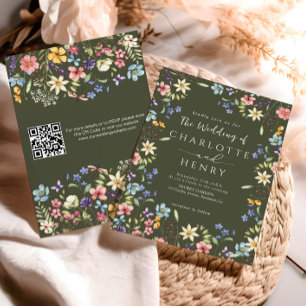  Modern QR Code Olive Rustic Wildflower Wedding  Invitation