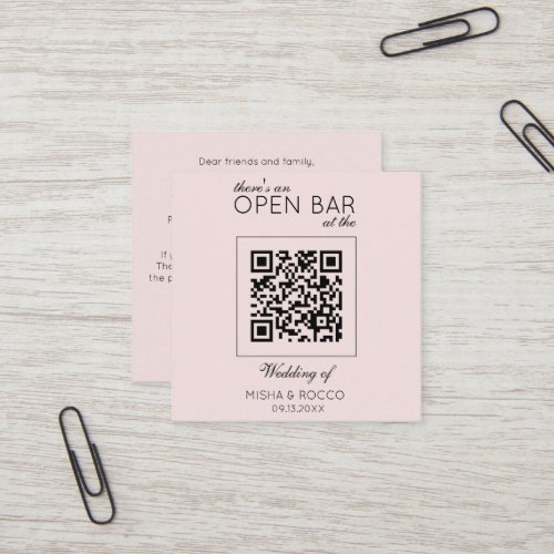 Modern QR Code Open Bar Minimalist Blush Wedding   Square Business Card