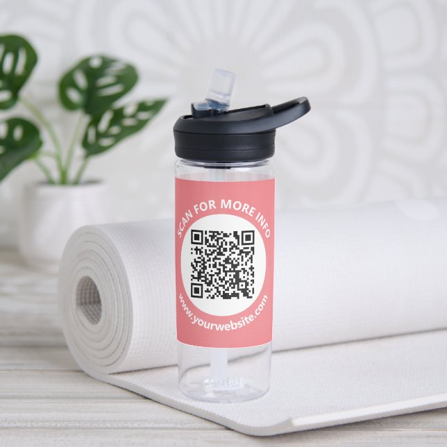 Modern QR Code, personalized Text, Pink & White Water Bottle (Yoga)