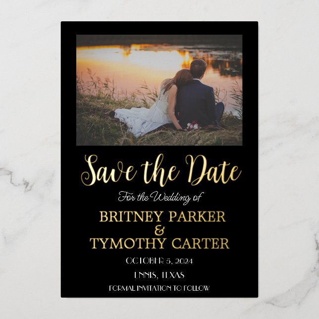 Modern QR Code Photo Calligraphy Black Wedding Foil Invitation (Front)