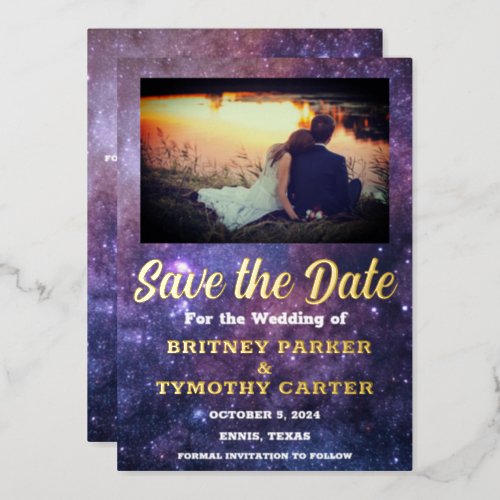 Modern QR Code Photo Celestial Galaxy Wedding Foil Invitation