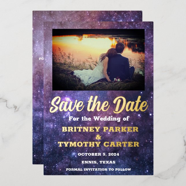 Modern QR Code Photo Celestial Galaxy Wedding Foil Invitation (Front/Back)
