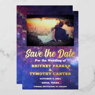 Modern QR Code Photo Celestial Galaxy Wedding Foil Invitation
