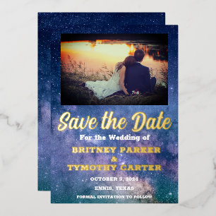 Modern QR Code Photo Celestial Galaxy Wedding Foil Invitation
