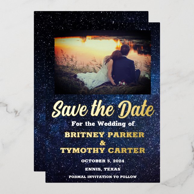 Modern QR Code Photo Celestial Galaxy Wedding Foil Invitation (Front/Back)