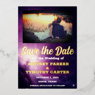 Modern QR Code Photo Celestial Galaxy Wedding Foil Invitation