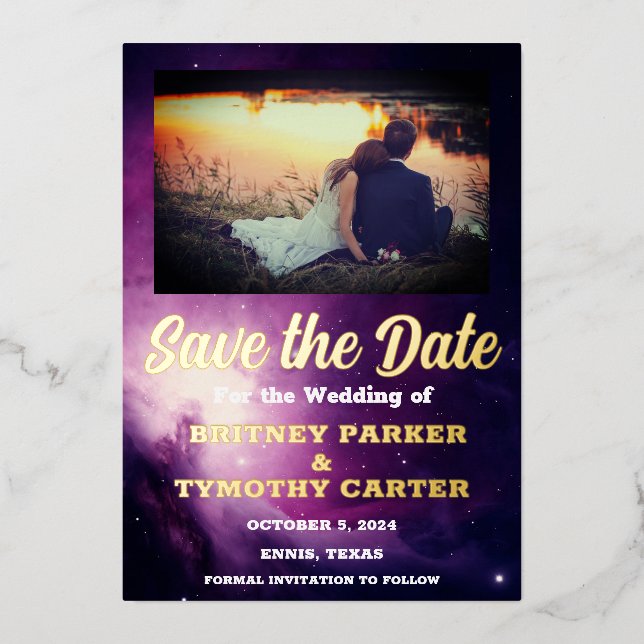 Modern QR Code Photo Celestial Galaxy Wedding Foil Invitation (Front)