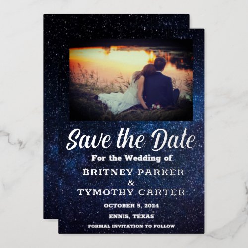 Modern QR Code Photo Celestial Galaxy Wedding Foil Invitation