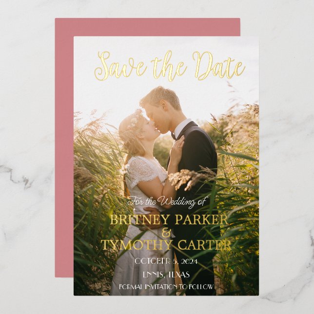 Modern QR Code Photo Dusty Rose Script Wedding Foil Invitation (Front/Back)