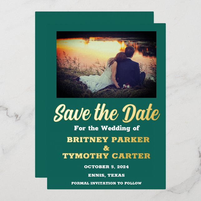 Modern QR Code Photo Emerald Green Wedding Foil Invitation (Front/Back)