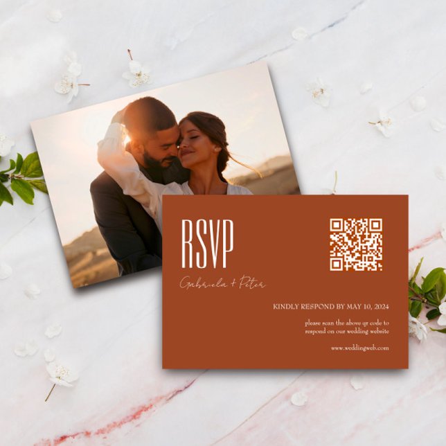 Modern QR Code Photo Minimalist Burnt Orange RSVP Card (Creator Uploaded)