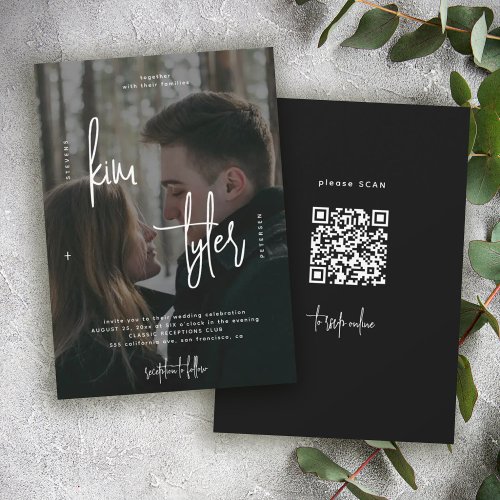 Modern QR CODE photo names script wedding Invitation