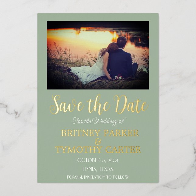 Modern QR Code Photo Script Sage Green Wedding Foil Invitation (Front)