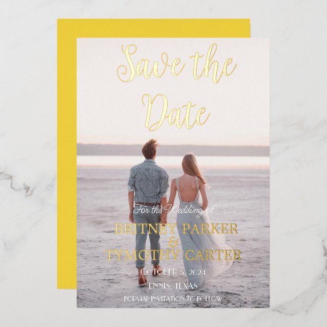Modern QR Code Photo Script Yellow Wedding  Foil Invitation (Front/Back)