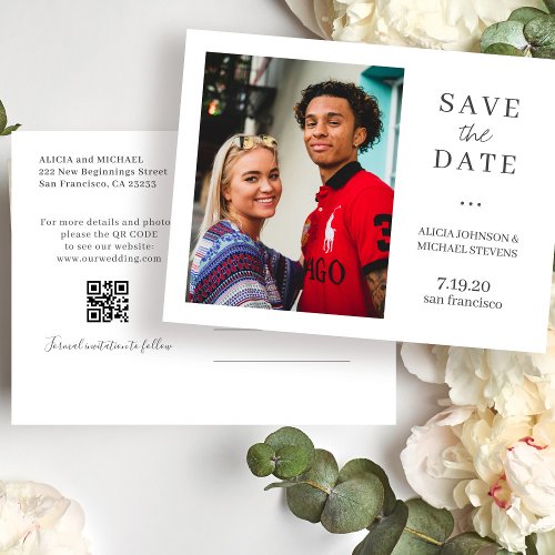 Modern QR CODE photo wedding save the date Announcement Postcard