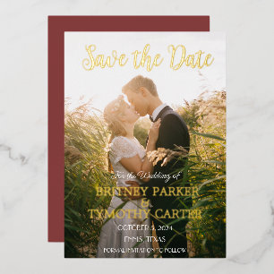 Modern QR Code Photo Wine Burgundy Script Wedding Foil Invitation