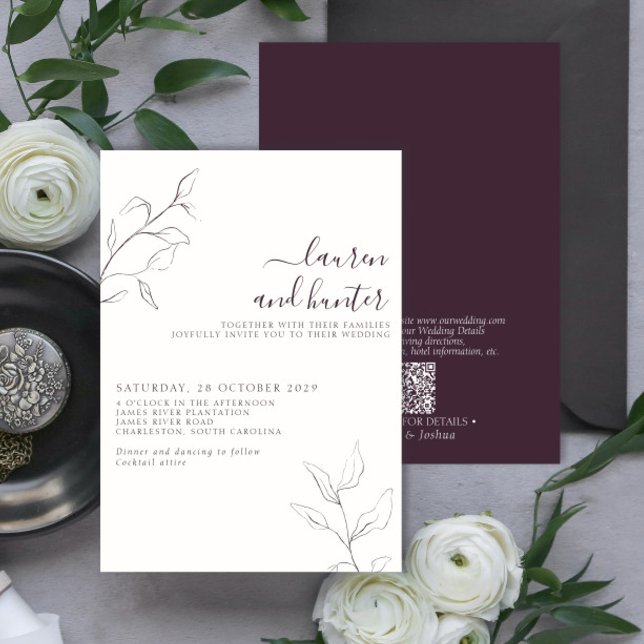 Modern QR Code Plum Purple Botanical Wedding Invitation (Creator Uploaded)