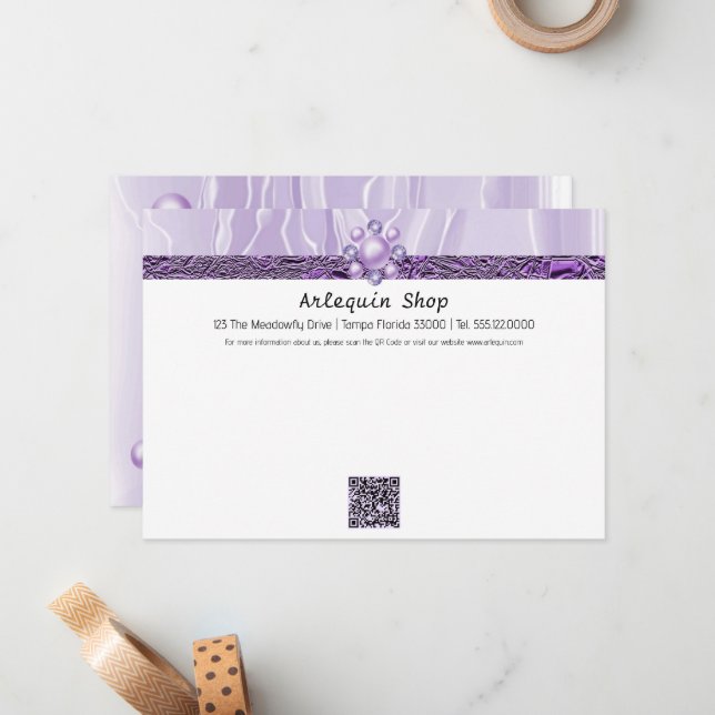 Modern QR Code Purple Silk Foil Business Store Note Card (Front/Back In Situ)