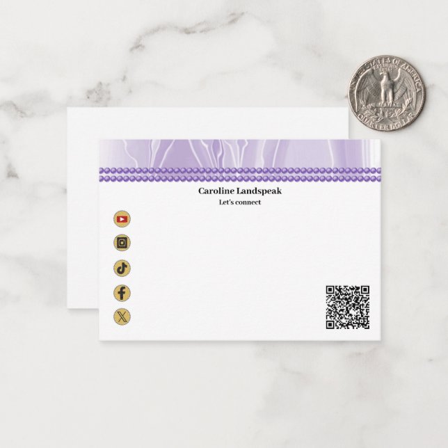 Modern QR Code Purple Silk Pearls Social Media Note Card (Front/Back In Situ)