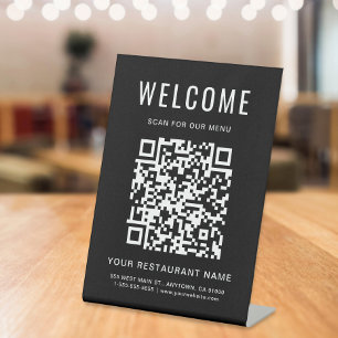 Modern QR Code Restaurant Menu Black Tabletop Pedestal Sign