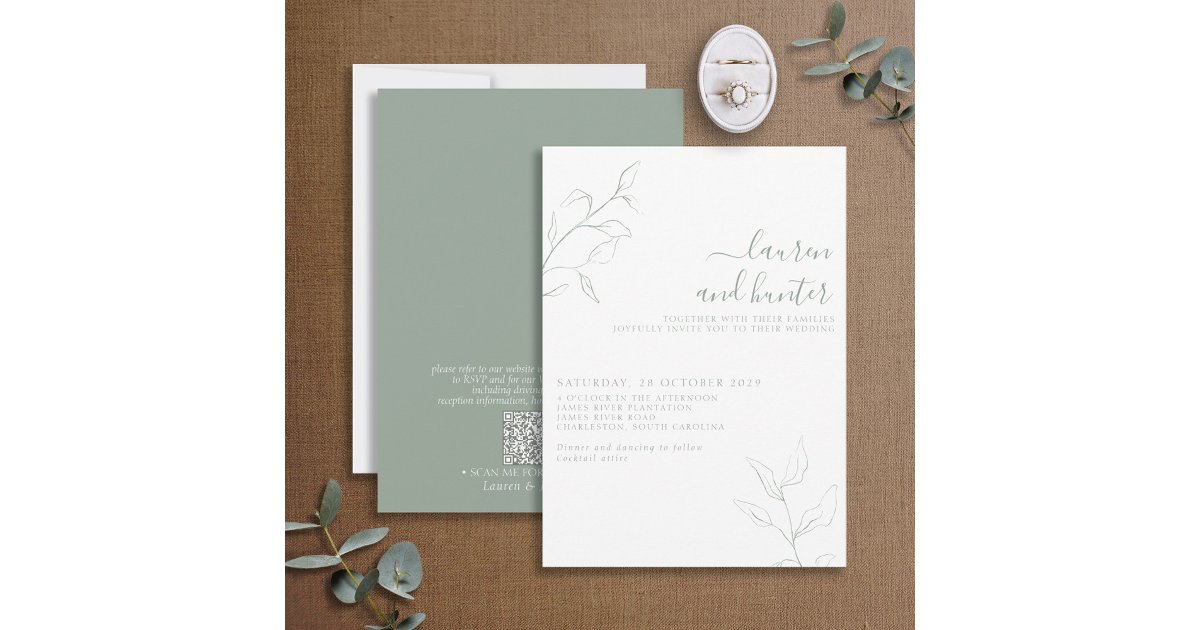 Modern QR Code Sage Green Script Botanical Wedding Invitation | Zazzle