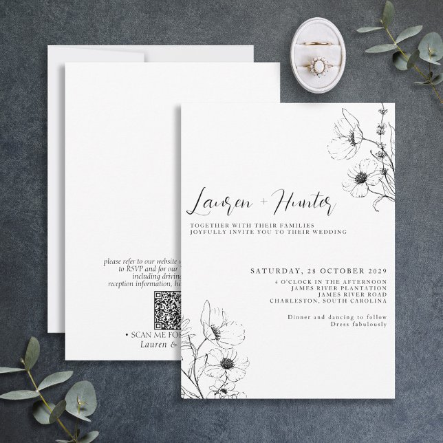 Modern QR Code Script Black White Floral Wedding Invitation (Creator Uploaded)