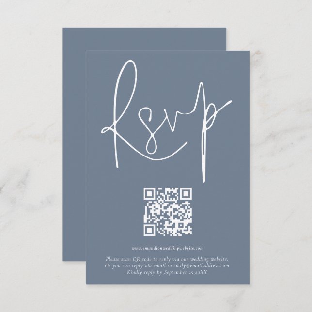 Modern QR Code Script Wedding Dusty Blue RSVP Card (Front/Back)