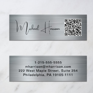 Modern QR Code Signature Script Silver Mini Business Card