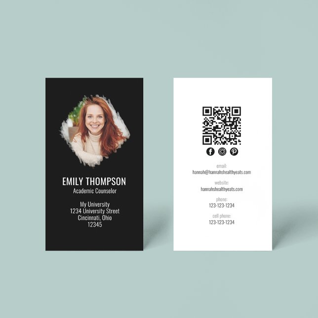 Modern QR Code Social Media Photo Professional Business Card (Simple minimalist black and white business card with QR code and watercolor photo effect. )