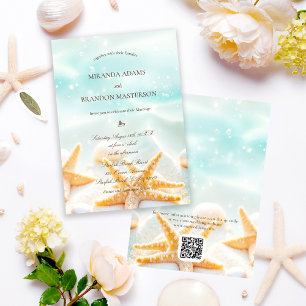 Modern QR Code Starfish Shells Ocean Beach Wedding Invitation