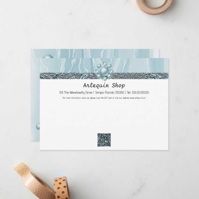 Modern QR Code Teal Silk Foil Business Store Note Card (Front/Back In Situ)