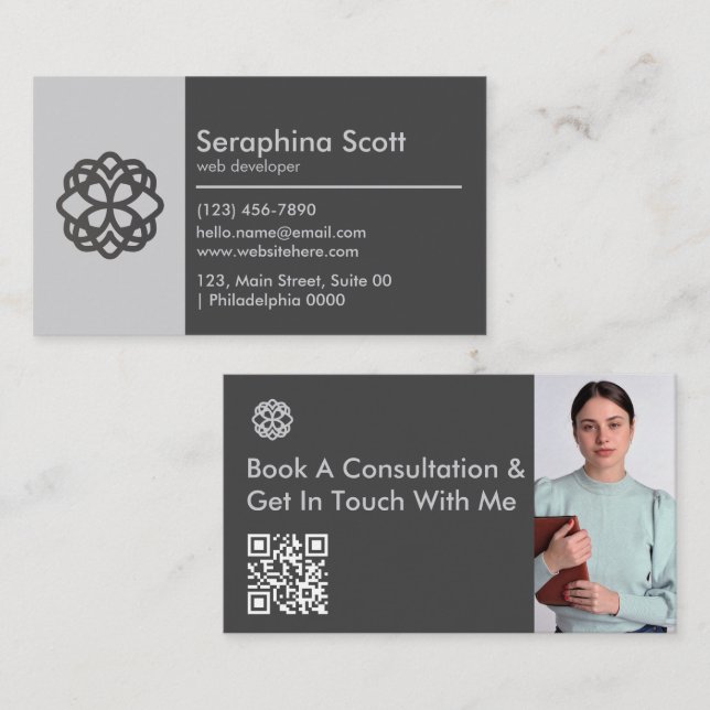 Modern QR Code Tech Savvy Sleek Black Gray Clean Business Card (Front/Back)