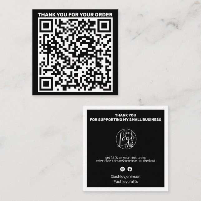 Modern QR code thank you order black white Square Business Card (Front/Back)
