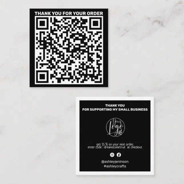 Modern QR code thank you order black white Square Business Card | Zazzle