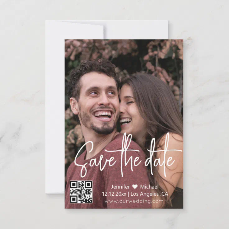 modern qr code white handwriting couple photo save the date | Zazzle