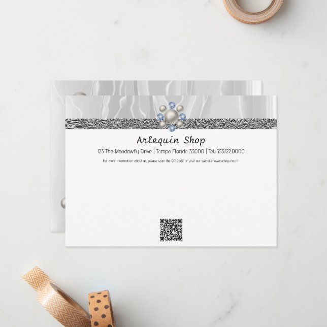 Modern QR Code White Silk Foil Business Store Note Card (Front/Back In Situ)