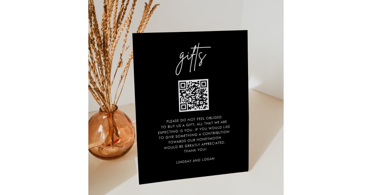 Modern QR Gift Registry Honeymoon Fund Wedding Pedestal Sign