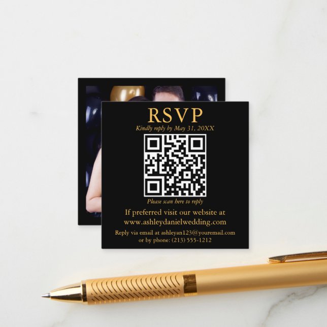 Modern QR Photo Black Gold Square Wedding RSVP Enclosure Card (Front/Back In Situ)
