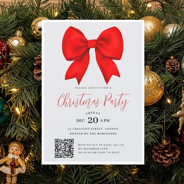 Modern QR Red Holiday Bow Christmas Party Invitation (Modern QR Red Holiday Bow Christmas Party Invitation)